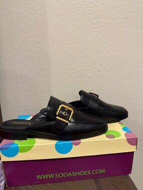 Soda Black Faux-Leather Buckle Mule Loafers